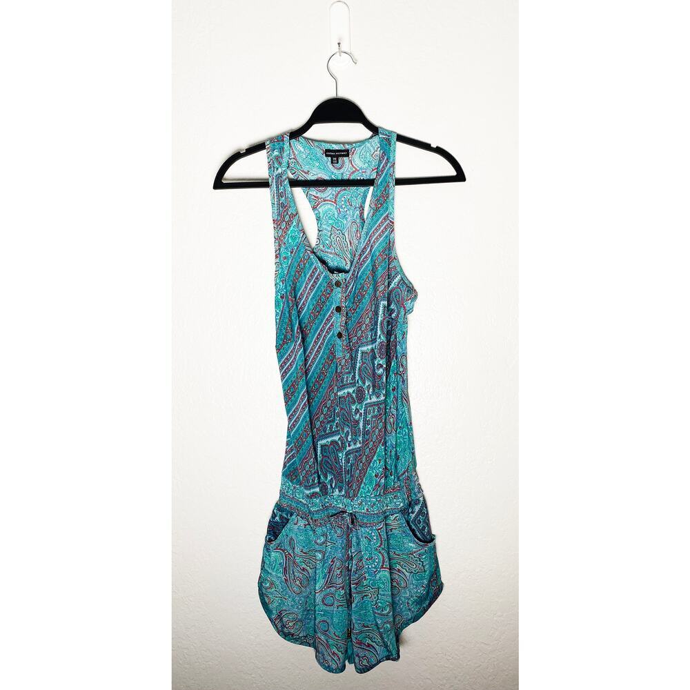 Karma Highway Women's Racerback Romper Turquoise Paisley Smoked Waist Pockets OS